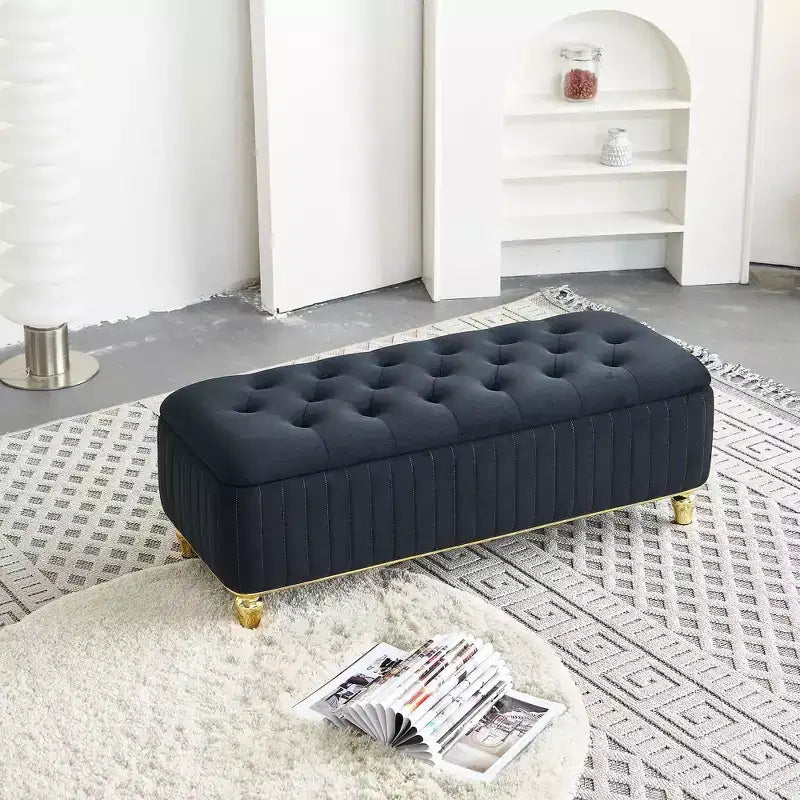 Storage Ottoman, Upholstered Velvet Fabric Storage Ottoman with Safety Hinge, Ottoman Bench for Living Room and Bedroom