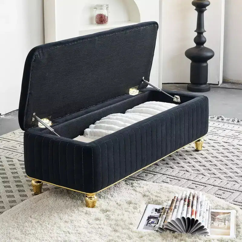 Storage Ottoman, Upholstered Velvet Fabric Storage Ottoman with Safety Hinge, Ottoman Bench for Living Room and Bedroom