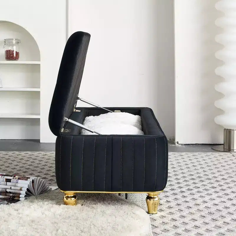 Storage Ottoman, Upholstered Velvet Fabric Storage Ottoman with Safety Hinge, Ottoman Bench for Living Room and Bedroom