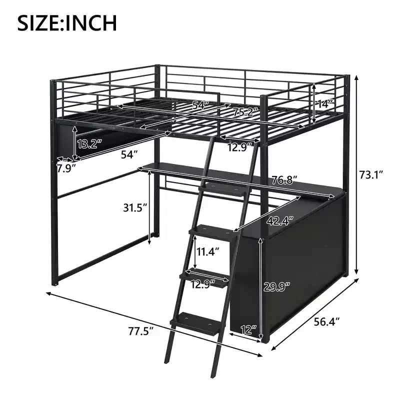 Metal Full Size Loft Bed with LED, Desk and 4 Storage Shelves