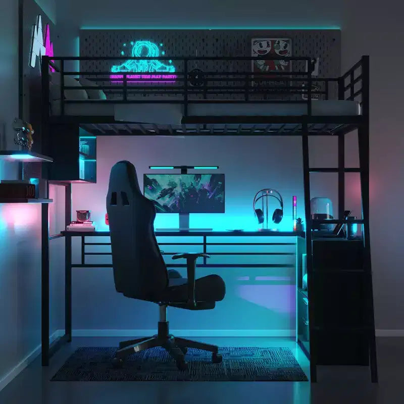 Metal Full Size Loft Bed with LED, Desk and 4 Storage Shelves