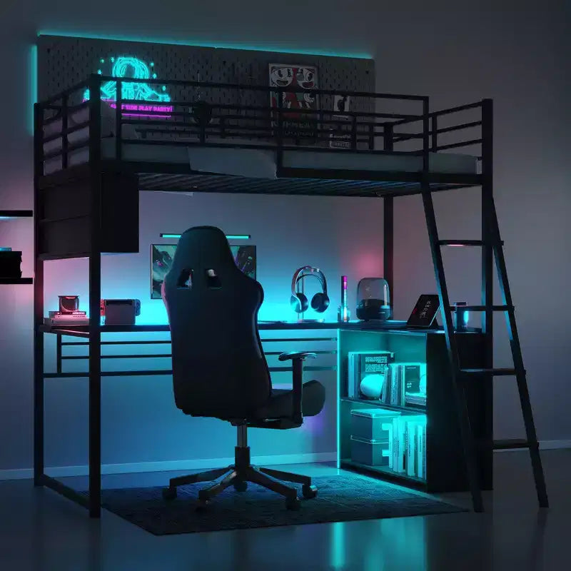 Metal Full Size Loft Bed with LED, Desk and 4 Storage Shelves