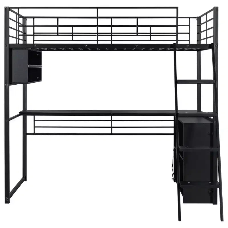 Metal Full Size Loft Bed with LED, Desk and 4 Storage Shelves
