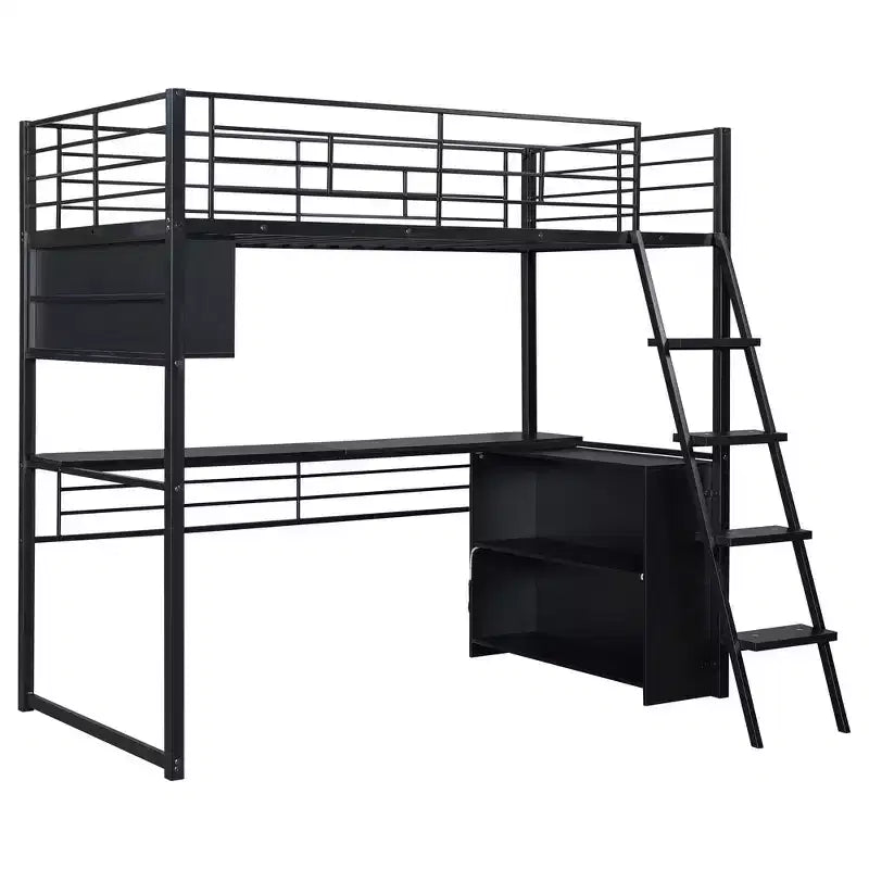 Metal Full Size Loft Bed with LED, Desk and 4 Storage Shelves