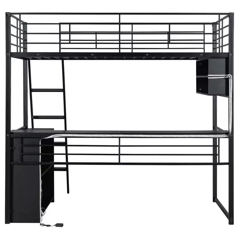 Metal Full Size Loft Bed with LED, Desk and 4 Storage Shelves