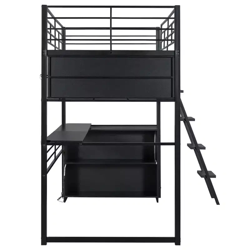 Metal Full Size Loft Bed with LED, Desk and 4 Storage Shelves