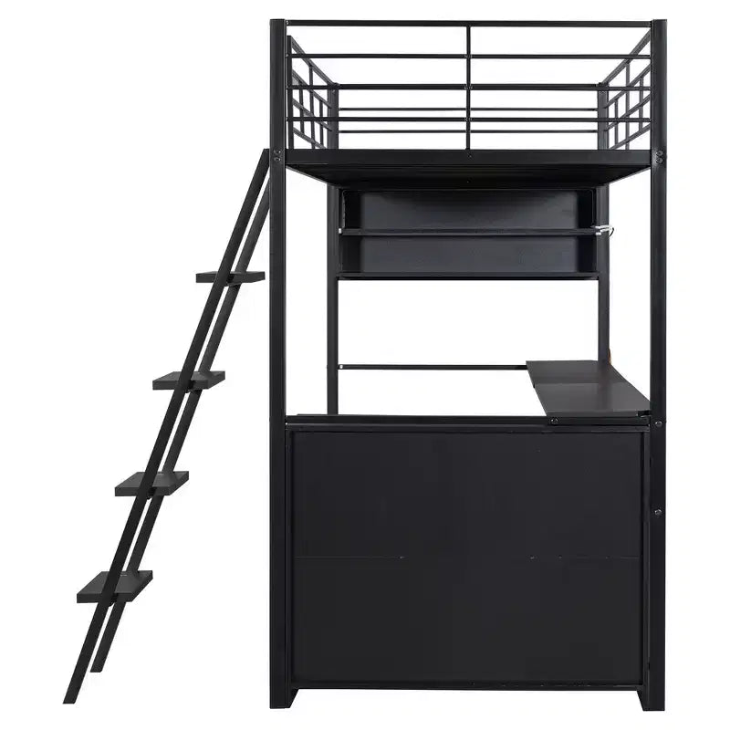 Metal Full Size Loft Bed with LED, Desk and 4 Storage Shelves