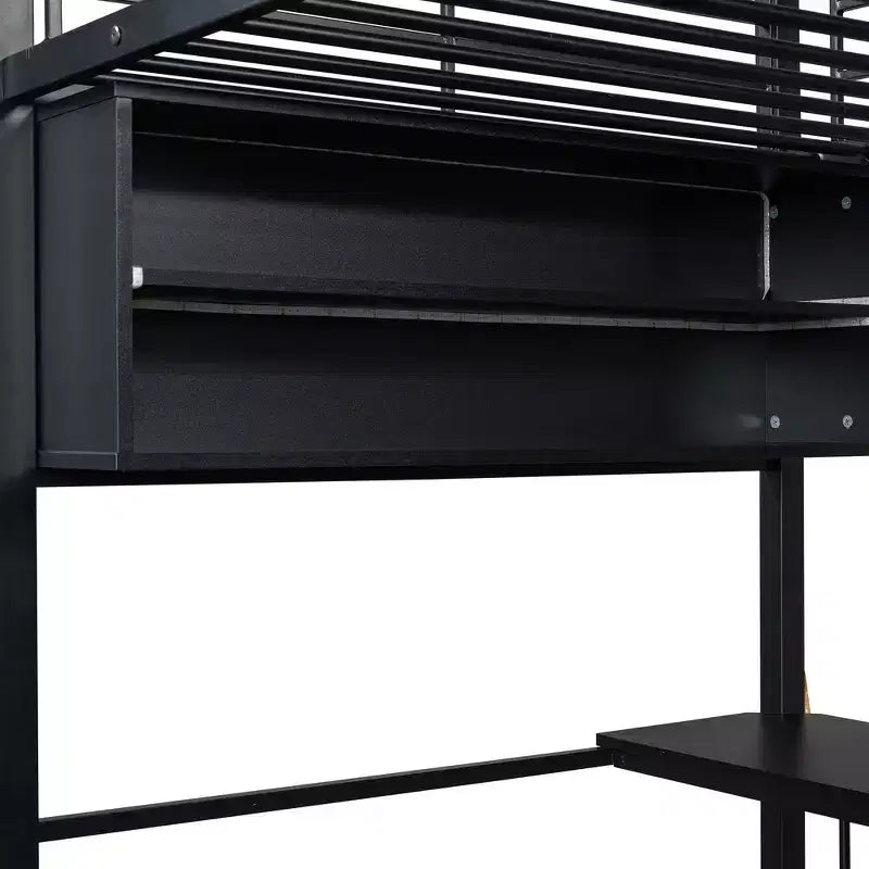 Metal Full Size Loft Bed with LED, Desk and 4 Storage Shelves