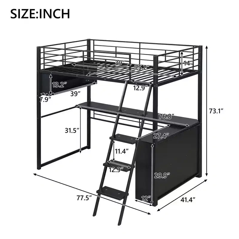 Metal Full Size Loft Bed with LED, Desk and 4 Storage Shelves