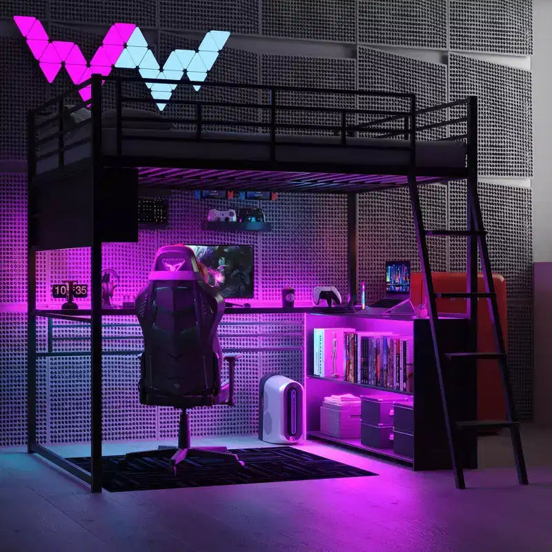 Metal Full Size Loft Bed with LED, Desk and 4 Storage Shelves