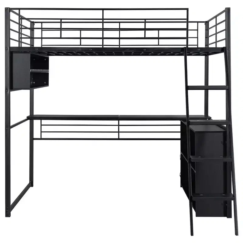 Metal Full Size Loft Bed with LED, Desk and 4 Storage Shelves