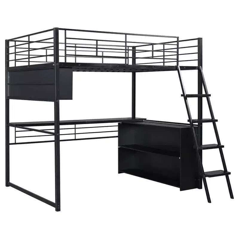 Metal Full Size Loft Bed with LED, Desk and 4 Storage Shelves