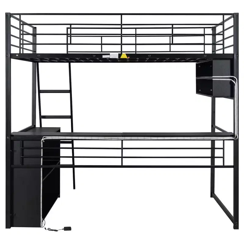 Metal Full Size Loft Bed with LED, Desk and 4 Storage Shelves