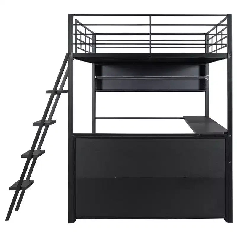 Metal Full Size Loft Bed with LED, Desk and 4 Storage Shelves