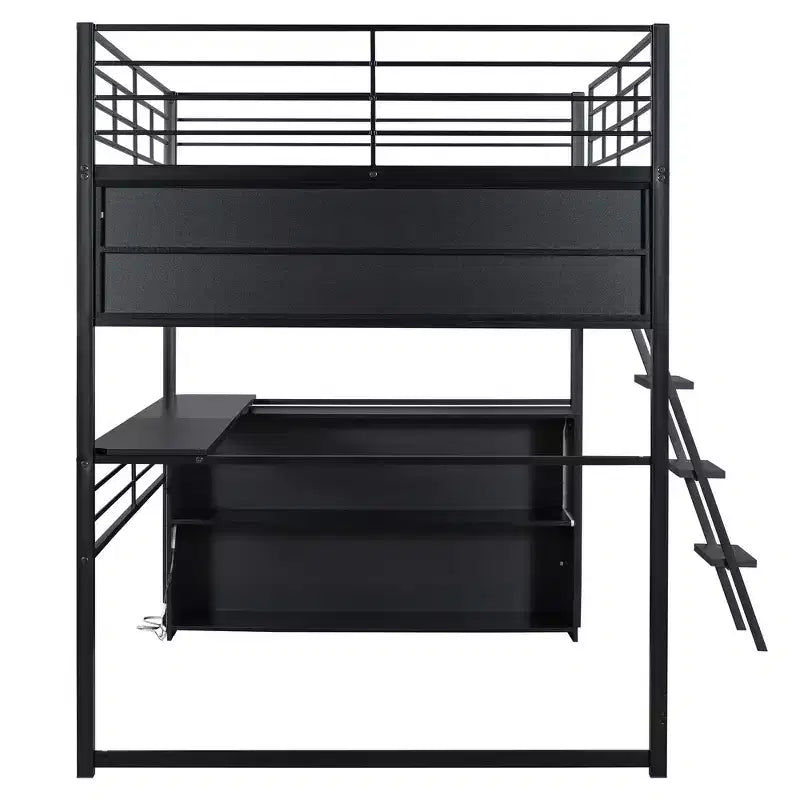 Metal Full Size Loft Bed with LED, Desk and 4 Storage Shelves