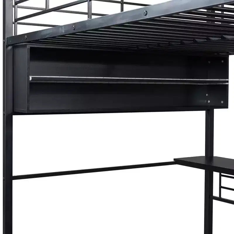 Metal Full Size Loft Bed with LED, Desk and 4 Storage Shelves