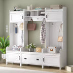 The Misty Moon White 4-in-1 Multiple Functions Hallway Coat Rack with Seven Metal Black Hooks Entryway Bench Hall Tree with Ample Storage Drawer