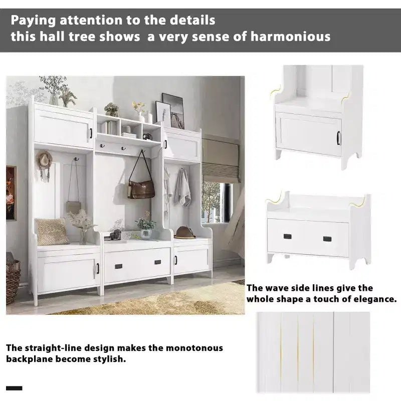 The Misty Moon White 4-in-1 Multiple Functions Hallway Coat Rack with Seven Metal Black Hooks Entryway Bench Hall Tree with Ample Storage Drawer