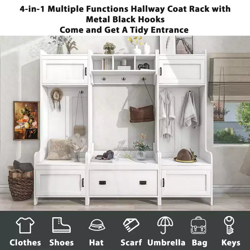 The Misty Moon White 4-in-1 Multiple Functions Hallway Coat Rack with Seven Metal Black Hooks Entryway Bench Hall Tree with Ample Storage Drawer