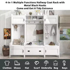 L'appendiabiti da ingresso Misty Moon White 4 in 1 a funzioni multiple con sette ganci neri in metallo, panca da ingresso e albero appendiabiti con ampio cassetto contenitore