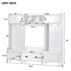 L'appendiabiti da ingresso Misty Moon White 4 in 1 a funzioni multiple con sette ganci neri in metallo, panca da ingresso e albero appendiabiti con ampio cassetto contenitore