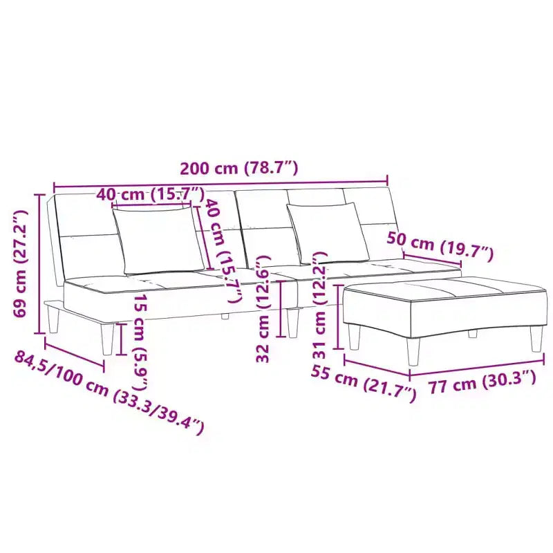 2-Seater Sofa Bed with Footstool Black Velvet - Convertible Sleeper Couch for Living Room/Office