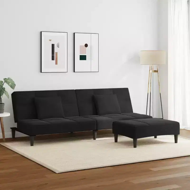 2-Seater Sofa Bed with Footstool Black Velvet - Convertible Sleeper Couch for Living Room/Office