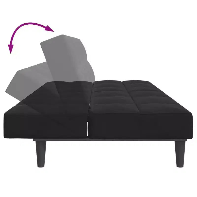 2-Seater Sofa Bed with Footstool Black Velvet - Convertible Sleeper Couch for Living Room/Office