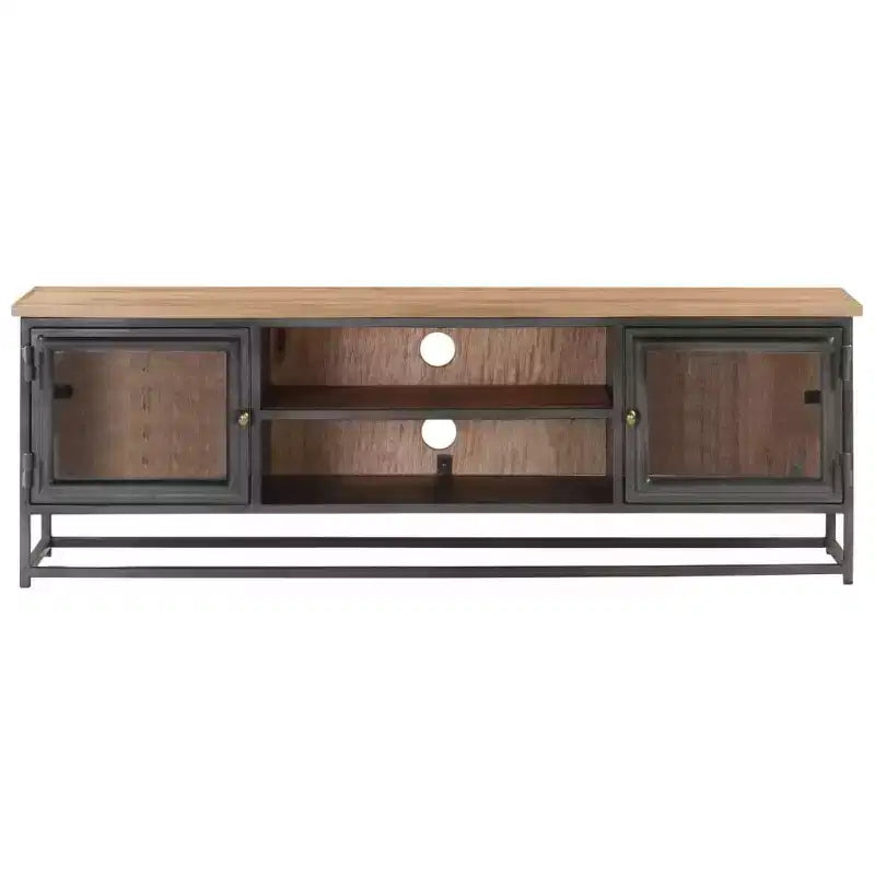 vidaXL Industrial-Style Solid Acacia Wood TV Stand with Steel Legs - Entertainment Cabinet with Glass Doors and Ample Storage Space - Gray