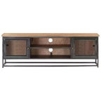 vidaXL Industrial-Style Solid Acacia Wood TV Stand with Steel Legs - Entertainment Cabinet with Glass Doors and Ample Storage Space - Gray