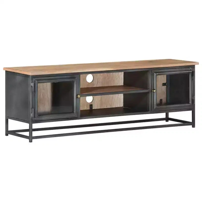 Industrial-Style Solid Acacia Wood TV Stand with Steel Legs - Entertainment Cabinet with Glass Doors and Ample Storage Space - Gray