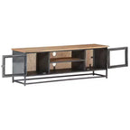 Mobile TV in legno massello di acacia stile industriale con gambe in acciaio - Mobile porta TV con ante in vetro e ampio spazio di archiviazione - Grigio