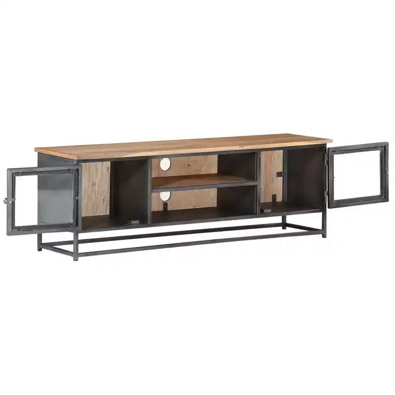Industrial-Style Solid Acacia Wood TV Stand with Steel Legs - Entertainment Cabinet with Glass Doors and Ample Storage Space - Gray