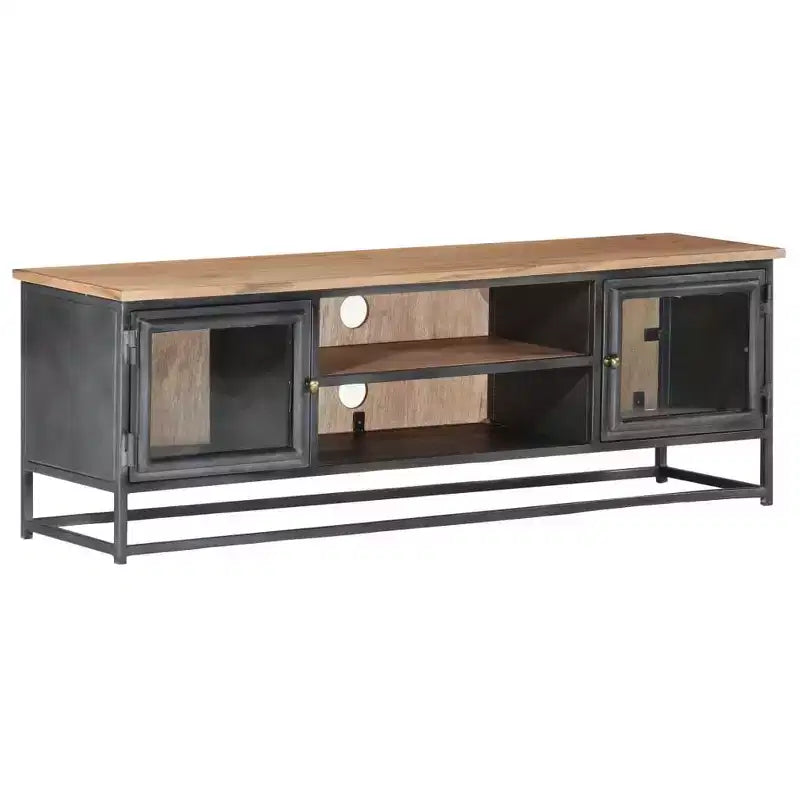 Industrial-Style Solid Acacia Wood TV Stand with Steel Legs - Entertainment Cabinet with Glass Doors and Ample Storage Space - Gray