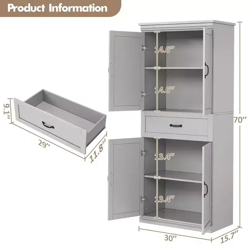 Pantry Cabinet,70 Tall Kitchen Pantry Cabinets with 2 Doors and 3 Adjustable Shelves, Freestanding Cupboard, Modern Storage Cabinet for Bathroom