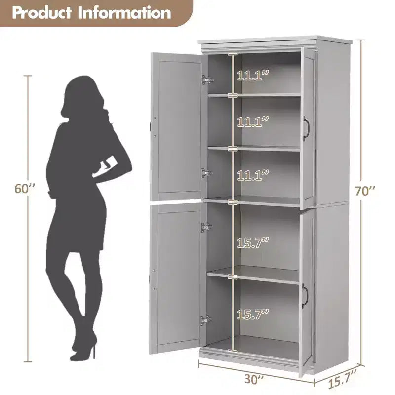 Pantry Cabinet,70 Tall Kitchen Pantry Cabinets with 2 Doors and 3 Adjustable Shelves, Freestanding Cupboard, Modern Storage Cabinet for Bathroom