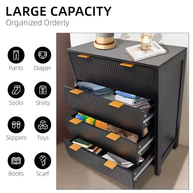 Cassettiera a 4 cassetti, Cassettiera scanalata per camera da letto, Comò alto moderno di metà secolo con maniglia in metallo, Mobile contenitore per camera da letto, soggiorno, corridoio