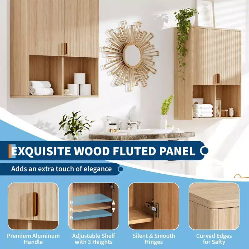 Mobiletto da parete moderno per bagno, armadietto dei medicinali in legno scanalato con ripiani regolabili, salvaspazio sopra il WC, pensile contenitore galleggiante