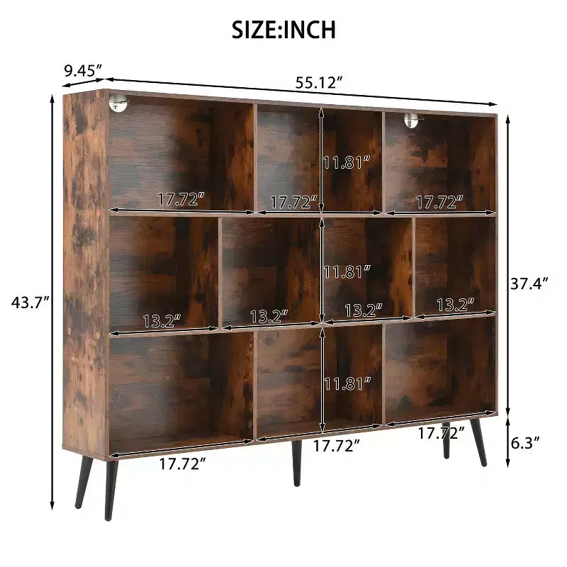 Wooden 10 Cube Bookshelf, 3 Tier Freestanding Open Bookcase with 5 Iron Legs, Open Storage Organizer, Floor Standing Display Cabinet