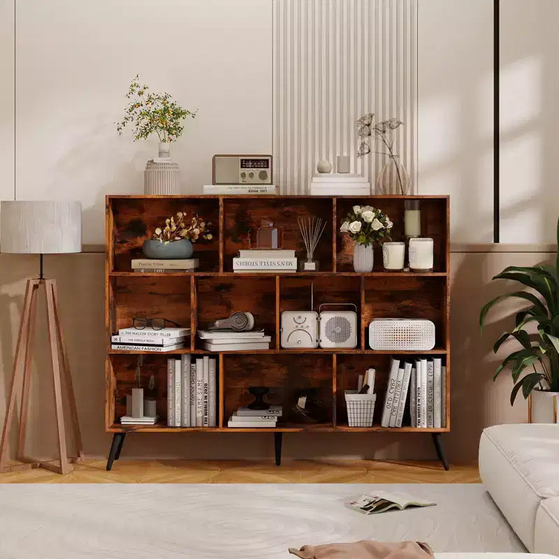 Wooden 10 Cube Bookshelf, 3 Tier Freestanding Open Bookcase with 5 Iron Legs, Open Storage Organizer, Floor Standing Display Cabinet
