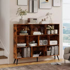 Wooden 10 Cube Bookshelf, 3 Tier Freestanding Open Bookcase with 5 Iron Legs, Open Storage Organizer, Floor Standing Display Cabinet