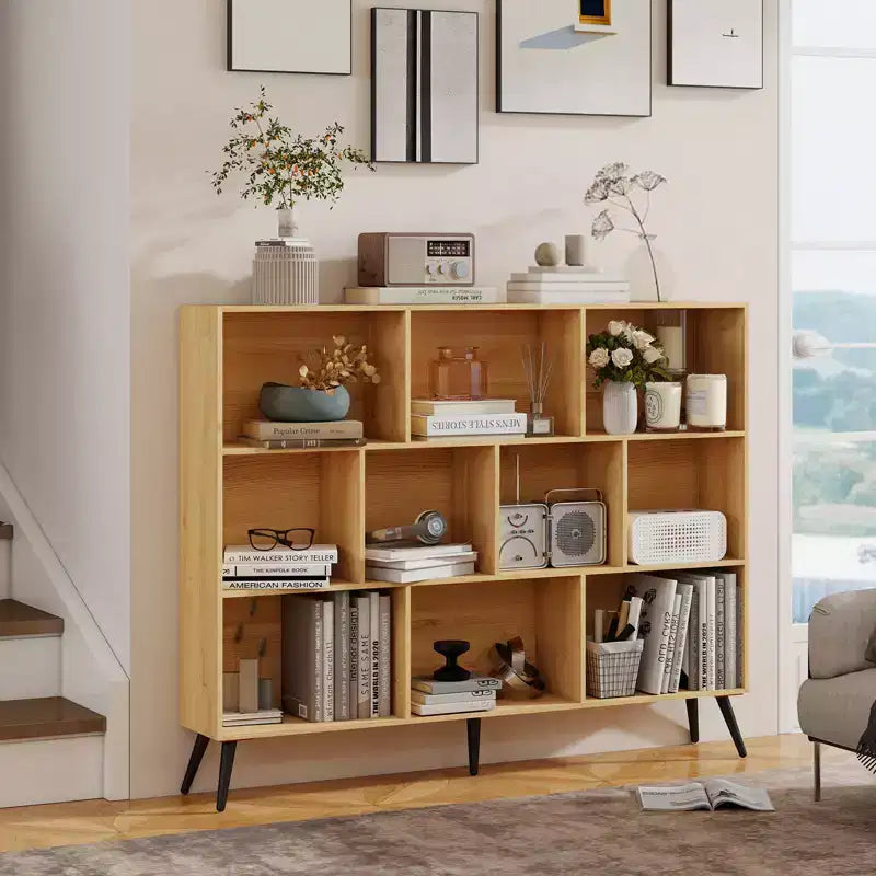 Libreria a 10 Cubi in Legno, Scaffale Aperto a 3 Ripiani Autoportante con 5 Gambe in Ferro, Organizzatore Portaoggetti Aperto, Mobile Espositore da Terra