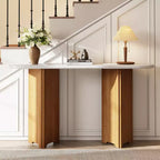 MAYEERTY Narrow Console Table with Oval Faux Marble Top Rustic Sofa Table with Curved Legs for Living Room Natural White