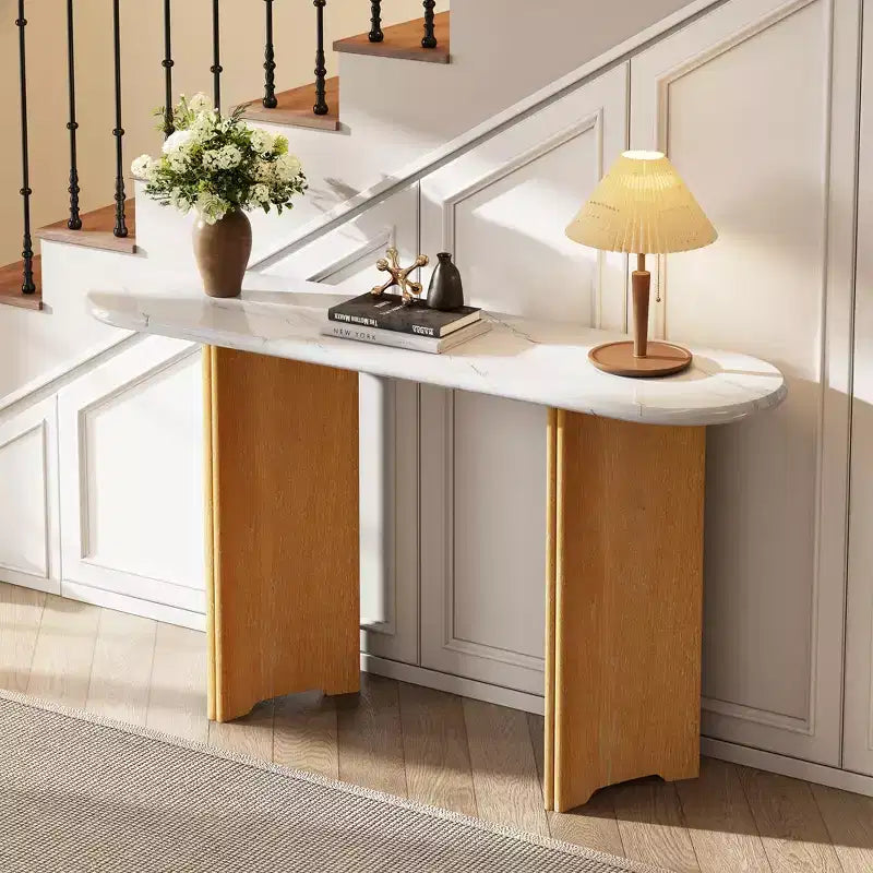 Narrow Console Table with Oval Faux Marble Top Rustic Sofa Table with Curved Legs for Living Room Natural White