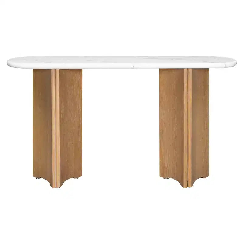 Narrow Console Table with Oval Faux Marble Top Rustic Sofa Table with Curved Legs for Living Room Natural White