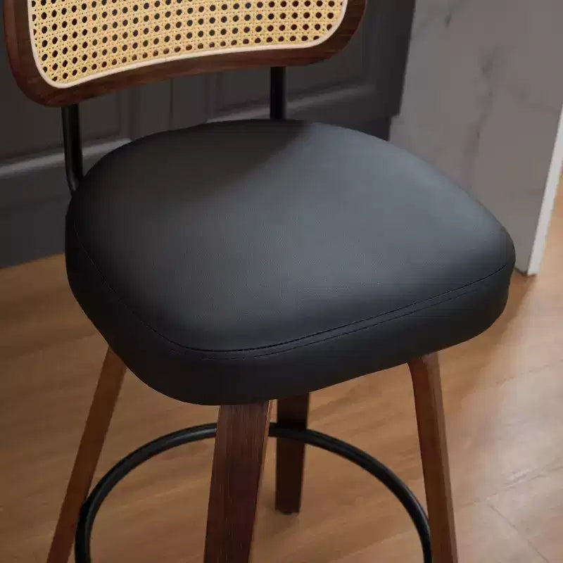 Set of 2 Counter Height Bar Stools - 26 Rattan Counter Height Stools With Cane Back and Upholstered Seat