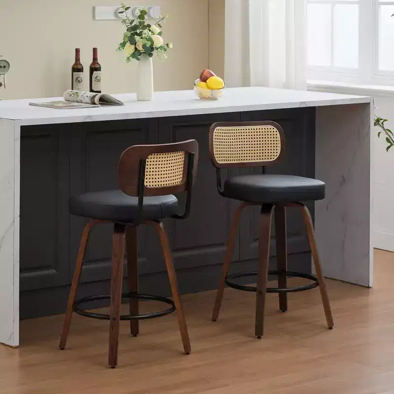 Set of 2 Counter Height Bar Stools - 26 Rattan Counter Height Stools With Cane Back and Upholstered Seat