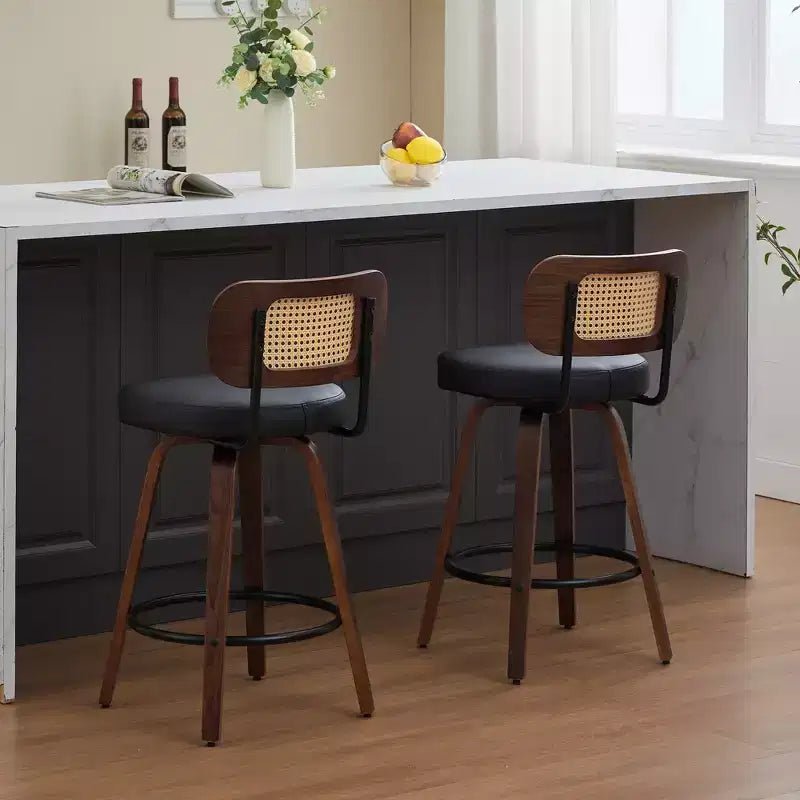 Set of 2 Counter Height Bar Stools - 26 Rattan Counter Height Stools With Cane Back and Upholstered Seat
