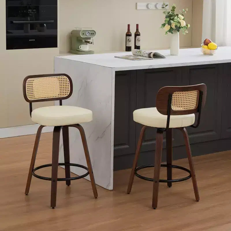 Set of 2 Counter Height Bar Stools - 26 Rattan Counter Height Stools With Cane Back and Upholstered Seat
