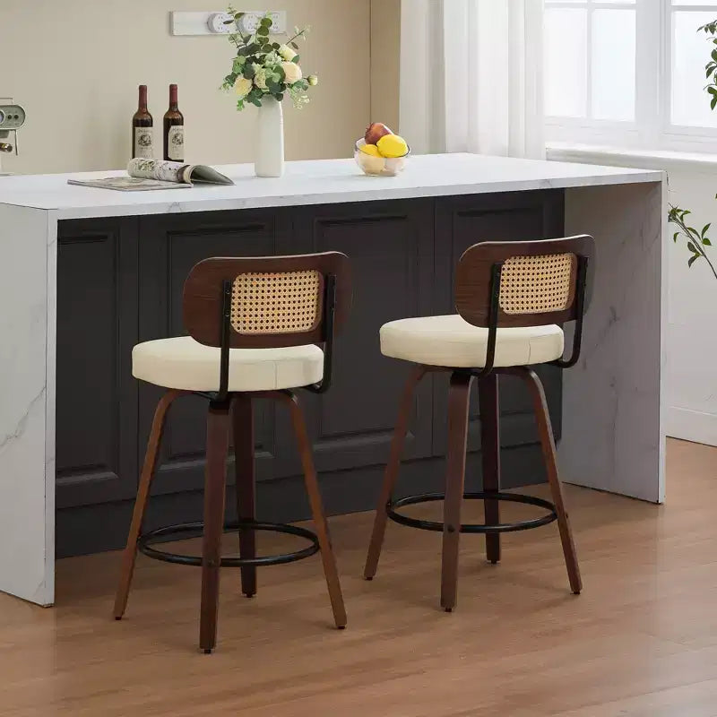 Set of 2 Counter Height Bar Stools - 26 Rattan Counter Height Stools With Cane Back and Upholstered Seat